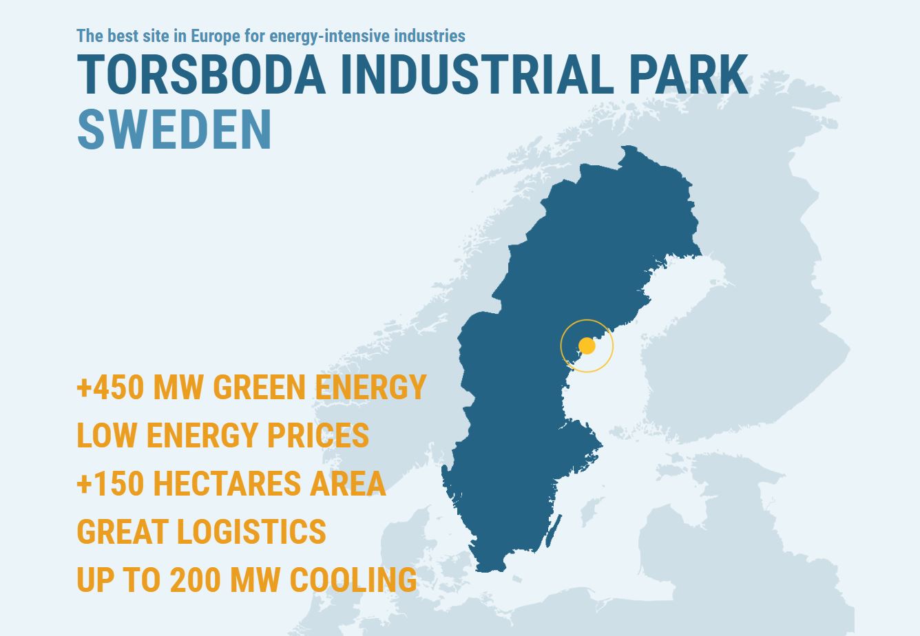 Sverigekarta med placering av Torsboda Industrial Park i mitten vid kusten.