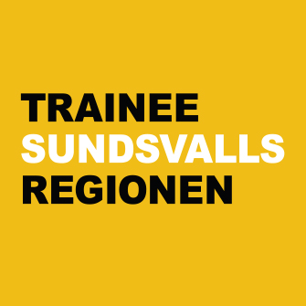 Logotyp. Gul bakgrund med texten "Trainee Sundsvalls regionen" i vitt och svart.